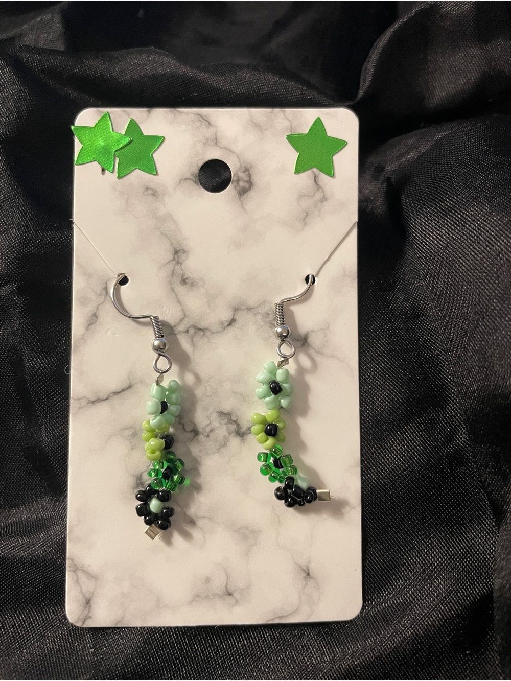 Green Beaded Floral Dangle Earrings- Handmade